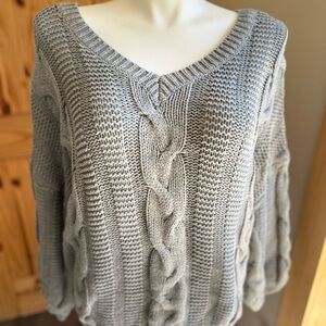 Gray V-Neck Cable Knit Sweater